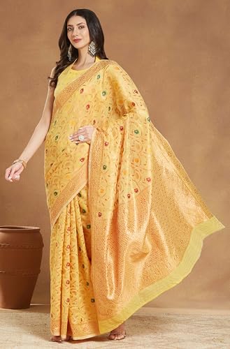 Image of Janasya Women's Light Peach Linen Blend Patola Woven Design Jacquard Saree with Blouse Piece