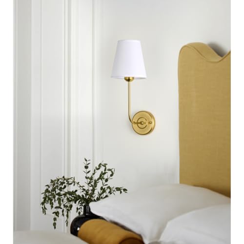 Image of PASSICA Wall Sconces Set of 2, Electroplated Gold Wall Sconces with White Fabric Shade, Hardwired Curved Arm Wall Lighting Fixtures for Bedroom, Bathroom Vanity, Living Room, Hallway, Farmhouse Decor