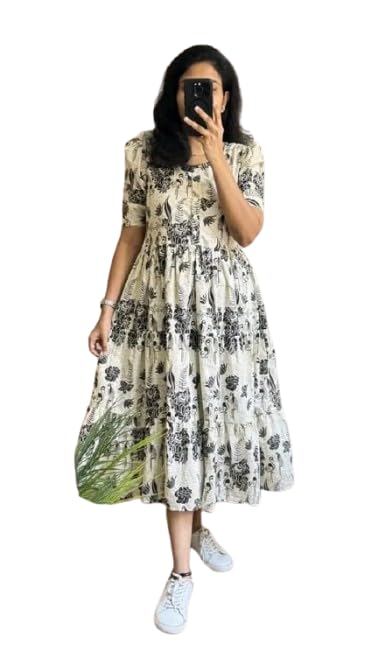 MIdi Gown for Women,Trendsetting Women's Floral Print Cotton Midi Dress, Short Sleeves, Casual Summer A-Line Style, Available in Teal Blue and White Pattern-picture-44