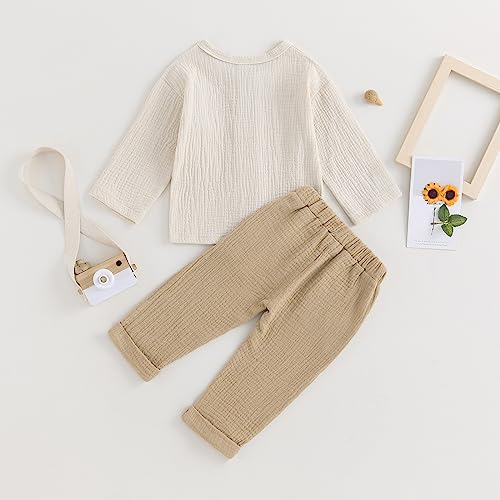 Image of VISGOGO Toddler Boy Linen Outfit Baby Boy Fall Winter Clothes Set Button-Down Shirt Tops Cotton Linen Pants 2PCS