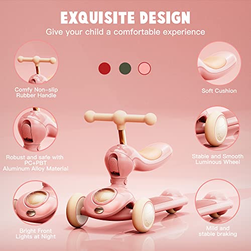Zoy Zoii 2-In-1 Kick Scooter For Kids,3 Led Light Wheels Toddler Scooter Adjustable Height Handlebars And Removable Seat, Riding Toys For Boys & Girls Aged 3-5-Fantasy Pink #TOP1