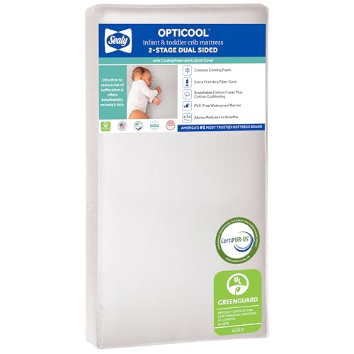 Sealy Baby OptiCool Breathable Crib Mattress, GREENGUARD GOLD Certified, Made in USA, Toddler Bed Fit, 2 Stage Cooling Memory Foam, Non Toxic, Airy...