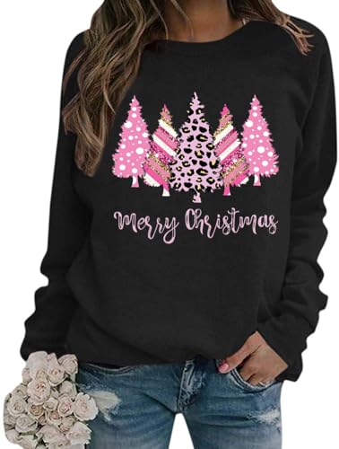 FCHICH Merry Christmas Sweatshirt Women Pink Leopard Christmas Trees T Shirt Casual Graphic Xmas Holiday Pullover Tops, Black, Large