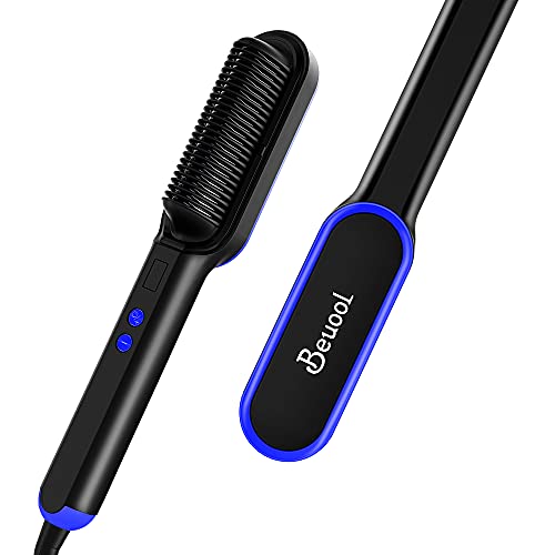 Beuool Ionic Hair Straightener Brush-Straightening Brush with 8 Temp Settings for Frizz-Free Silky Hair, Auto-Off Safe & Anti-Scald, Straightening Comb for Professional Salon at Home Black Blue