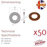 Dicke: 1,20 mm. 50 x M16 Kupfer-Dichtungsringe metrisches Ölstopfen Ring flach hohl 16,10 x 22,30 x 1,20 mm