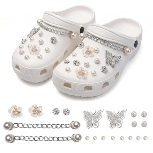 MNYXIS 20 Piezas Abalorios para Zuecos de Mariposa Plateada y Perlas Rosas, charms Compatible con crocs, Adornos Metálicos con Brillantes para Zapatos, Decoración DIY para Sandalias y Zuecos