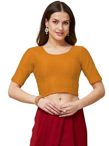 SEEANS Cotton Fabric Readymade Full Stretchable Blouse for Women (Gold, 31" TO 35" BUST)