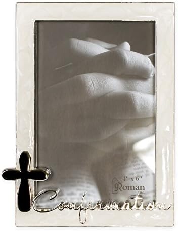 Roman Confirmation Silver Finish Cross 4 x 6 Photo Pearl Trim Picture Frame