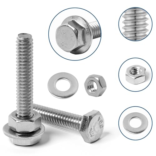 Image of 1 /4-20 Flange Hex Bolts Screws Hex Nuts Flat Washers Kit, Stainless Steel 304, Fully Threaded Hex Bolt 1 /4-20 x 1 /2 inch 3 /4 inch 1 inch 1-1 /4 inch 1-1 /2 inch 1-3 /4 inch 2 inch Length