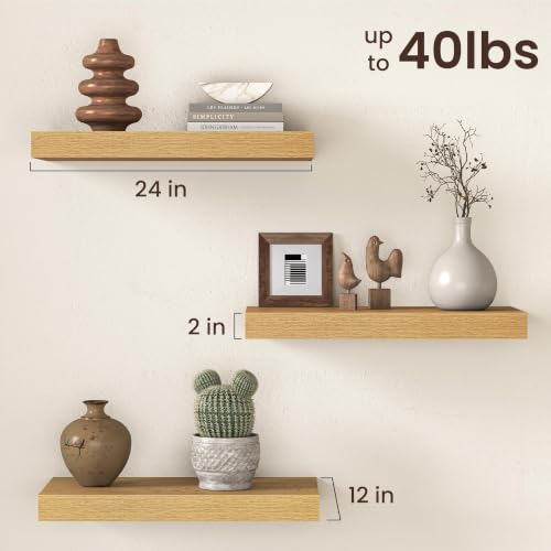 Image of Fun Memories 12 Inch Deep Oak Floating Shelf, 24 x 12 Rustic Wood Wall Shelf for Books, 2 inch Thick Deep Floating Shelf for Storage & Display in Kitchen, Living Room, Bedroom, 2 Packs