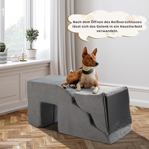 LEADZM Hundetreppe mit 28D Hochdichtem Schaum - 5 Stufen 74 cm hoch für Hunde aller Größen - Zweiteiliges Design mit Tunnel - Abnehmbarem Waschbarer Bezug, Tragbare Rampe für Kleine Hunde zu Bett, Sof