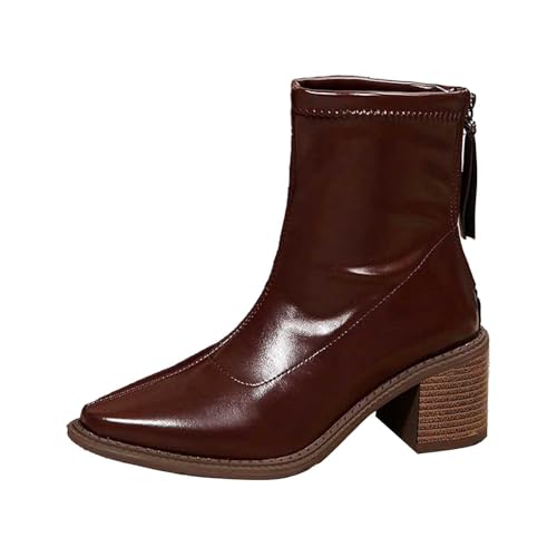 Generisch Ankle Boots - Botas de equitación para mujer, de piel sintética, tacón de bloque, botas de vaquero, botas de ante retro, botas de caña ancha, elegantes botas de piel para mujer, marrón, 40.5