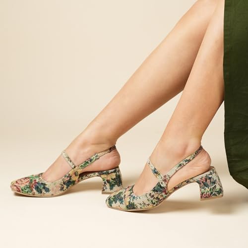 Image of Theater Women Twiggy Multi-Color Floral Mary Jane Heels | Square Toe Slingback Block Heel Sandals with Adjustable Strap | Comfortable & Stylish Shoes for Office, Party & Casual Wear