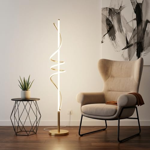 Image of LED Spiral Floor Lamp | 3-Color CCT (Warm + Natural + Cold White) | Gold Aluminium Standing Lamp for Living Room, Bedroom & Home Decor
