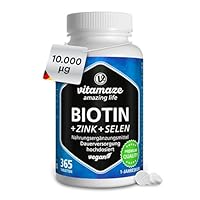 Biotin hochdosiert 10.000 mcg + Selen + Zink für Haarwuchs, Haut & Nägel, 365 vegane Tabletten für 1 Jahr, Nahrungsergänzung ohne Zusatzstoffe, Made in Germany