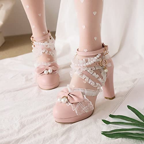 Image of FOREADA Lolita Shoes Platform Mary Jane Heels Kawaii Bow Lace Pearl Pumps | Vintage kawaii lolita styling ideal for dresses, with bead, lace, bow, ankle strap, pink, white and classic black colors