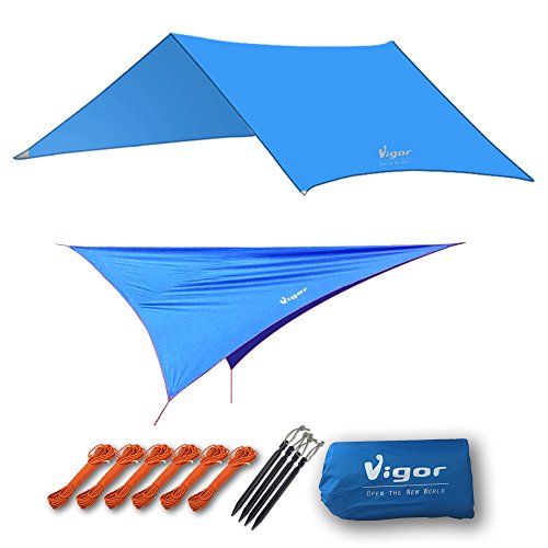 Vigor Waterproof Rainfly Large Tent Tarp for Camping and Snow Protection with Reflective Rope and Windproof Stakes, Blue