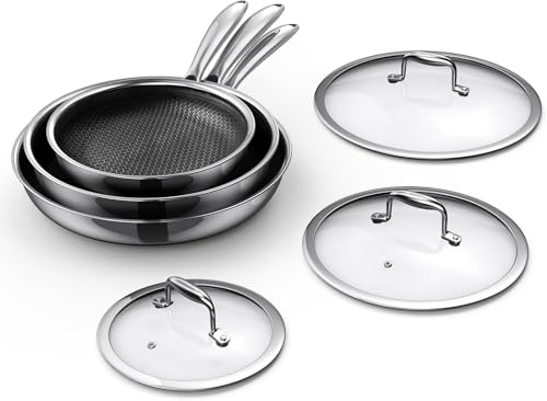Image of MOMOSTAR Hybrid Nonstick 6-Piece Fry Pan Set, 8, 10, and 12-Inch Pots and Pans with Tempered Glass Lids, Stay-Cool Handles, Dishwasher-Friendly, Induction Ready, Compatible with All Cooktops