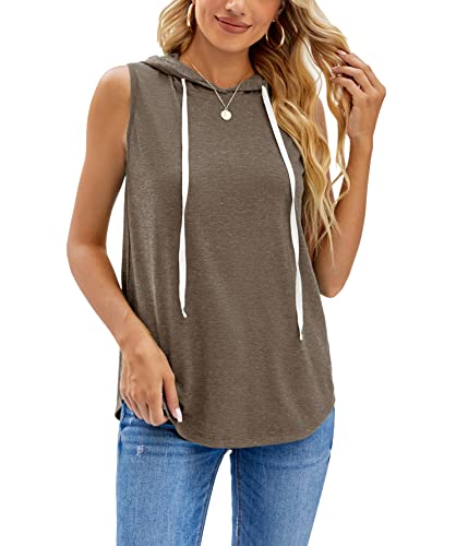 Mafulus Women Sleeveless Hooded Tank Tops Drawstring High Low Hem Solid Casual Workout Summer Cami Shirts Coffee #TOP19