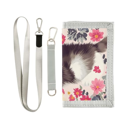 Kitty in Floral Setting Durable Nylon Fabric Wallet for Boys and Girls - Multi-Functional with 2 Clear Pockets, Zipper Coin Compartment, 3 Card Slots & Keyring