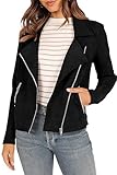 PRETTYGARDEN Women's Winter Faux Suede Moto Jacket Long Sleeve Zipper Pockets Short Coat Y2K Fashion Casual Outerwear (Black,Small)