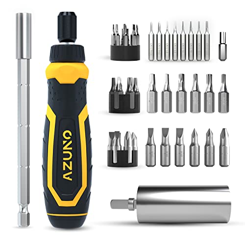 AZUNO 24 IN 1 Ratschen-Multischraubendreher-Satz mit Universal-Einsatz, 20 CRV-Bits im Griff, 12+8 Schlitz-/Philips-/Torx-/Hex-/Vierkant-Bits sandgestrahlt und verchromte Präzisionsbits Cover