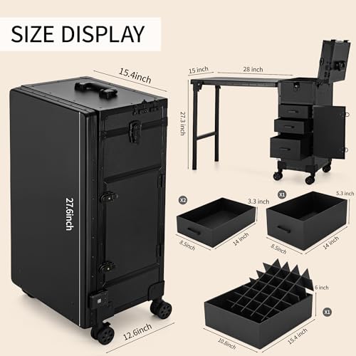 Rolling Manicure Table Foldable Nail Desk 4 Drawers, Makeup Organizer Blueteeth Speaker on Wheels, Travel Makeup Case with LED Mirror TSA Lock for Technician Workstation Salon