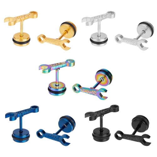 UNICRAFTALE 10Pcs Stainless Steel Hip Hop Earrings Mens Wrench Stud Earrings Screw Back Piercing Earrings Titanium Steel Spanner Tool Stud Earrings Birthday Party Graduation Gifts