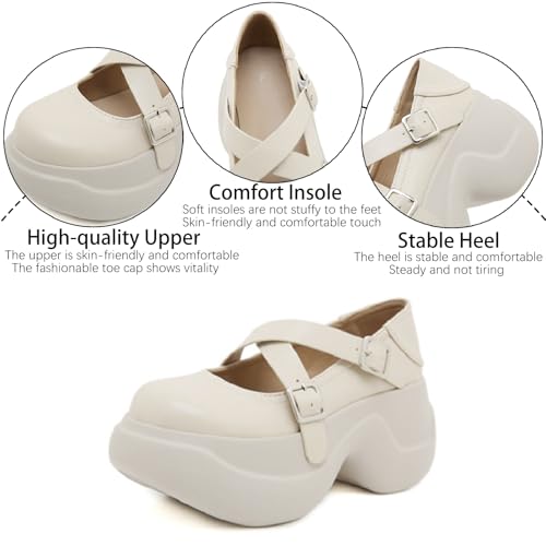 Women's Leather Platform Orthopedic Mary Jane Shoes with Adjust Buckle Strap Fashion Comfortable Round Toe Wedge High Heels Dress Shoes Non-Slip Soft Bottom Casual Walking Shoes3