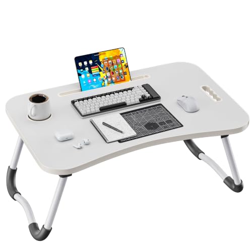 Image of Folding Lap Desk, 23.6 Inch Wood Laptop Bed Desk with Cup Holder, Portable Bed Table for Working Writing Reading, Eating for Bed, Floor, Sofa, Couch - White
