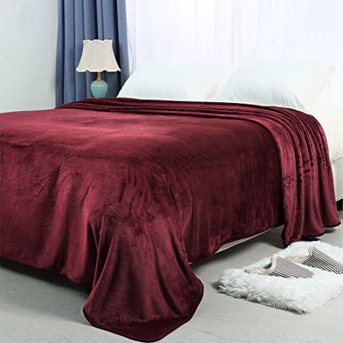 Piccocasa Fleece Bed Blanket Queen Size Burgundy 330Gsm Soft Lightweight Microfiber Plush Flannel Blanket Thick All Season Throw Blankets For Couch Sofa Bed Traveling, 90 X 90 Inches #TOP1
