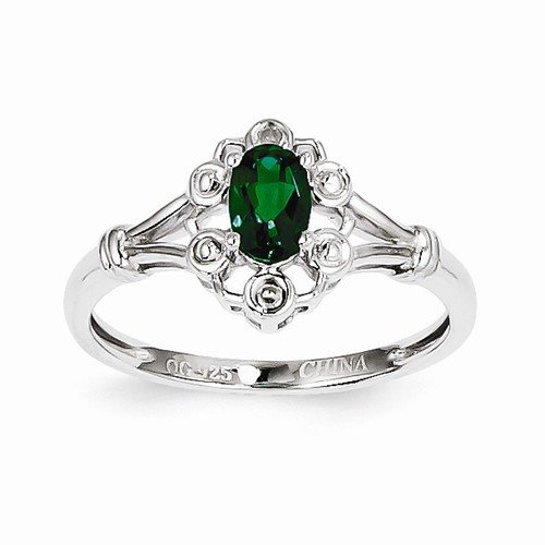 Solid 925 Sterling Silver Simulated Birthstone Created Simulated Emerald & Diamond Engagement Wedding Ring (.02 cttw.) (2mm)