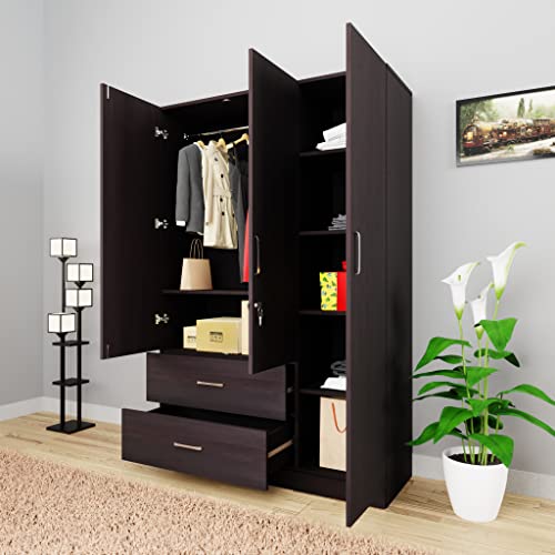 Image of VIKI Wardrobe | Wooden Almirah for Clothes,Door for Bedroom, 3 Door Wardrobe with Drawer & Hanging Space (Dark Wenge - 40D x 120W x 180H) | 1 Year Warranty | Free Assembly