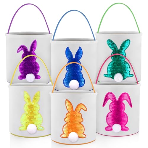 Image of Honeydak 6 PCS Kids Basket, Colorful Sequined Bunny Canvas Bags