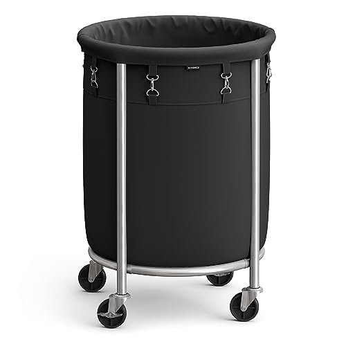 SONGMICS Panier à Linge avec Roulettes 110L, Chariot Linge Sale, Corbeille, Rond, avec Cadre en Acier et Sac Amovible, 4 Roulettes et 2 Freins, Noir et Argent...