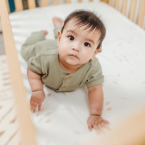 Image of Crane Baby Crib Sheets Neutral, 100% Cotton Crib Sheets Girl or Boy, Dainty Leaf Pattern, Crib Bedding, 28 inch x 52 inch x 9 inch, Fits Standard Mattress, Neutral Nursery Decor, AZO-Free Dyes for Sensitive Skin