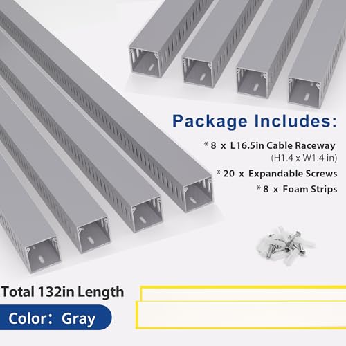 Image of 1.4 inchH x 1.4 inchW Cable Raceway, 132in Under Desk Wire Management Channel, Grey | Slotted Wire Duct, 8Pack, 16.5in Each, Heavy-Duty PVC Cable Management for Server Racks, Network Cables & Electrical Cabinets
