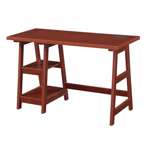 HomeStock Antique Trestle Desk with Charging Station, Cherry Finish, Elegant & Functional, 2 Open Shelves, Built-in USB & Power Outlets, Perfect for Work or Study