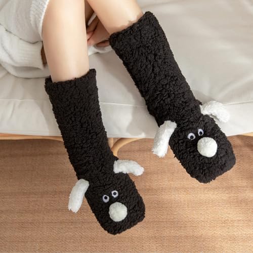 Image of Triplewood Warm Soft Lined Slipper Socks for Women Cartoon Dog Design Non-Slip Winter Socks with Grips Fluffy Women's Slipper Sock