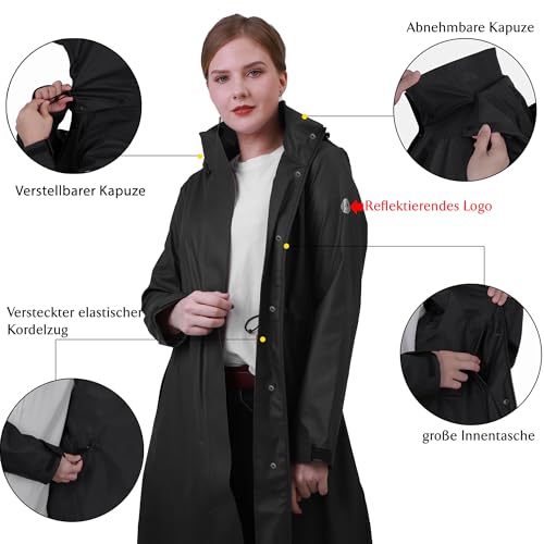 Regenmantel Damen lang Regenparka Damen wasserdicht atmungsaktiv gefütterte Regenjacke Trenchcoat Übergangsmantel Parka Outdoor, Schwarz, 38/M