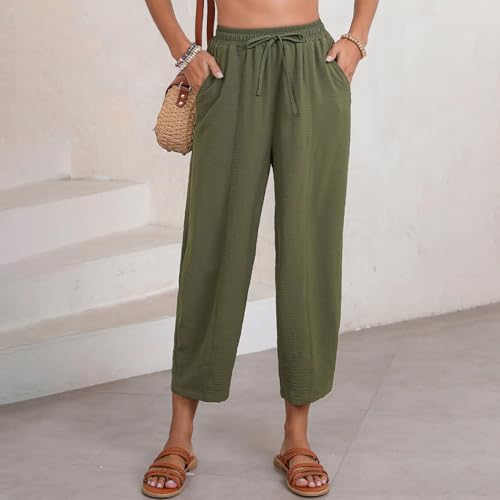 Wide Leg Pants for Women Summer Casual Linen Pants Elastic Waist Drawstring Trousers with Pockets2