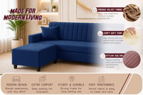 Image of L-Shaped 3 Seater Sectional Sofa with Ottoman | Modern Upholstered Couch | Vertical Channel Tufted Backrest | Diamond Quilted Arms & Base | Comfortable Living Room Furniture - Blue