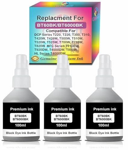 Image of CANOFF BT6000BK Black Ink Bottle (100ml) | High Yield Compatible Ink for DCP-T310,T300,T510,T500,T910,T710,T400W,T450W,T300W,T800W,T700,T810 Ink Tank Printers (BT6000BK /BT60BK Black 3pc.)