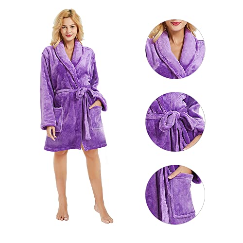 Image of U2SKIIN Women Fleece Robe, Short Cozy Plush Robes for Womens Soft Shawl Collar Warm Spa Bathrobe