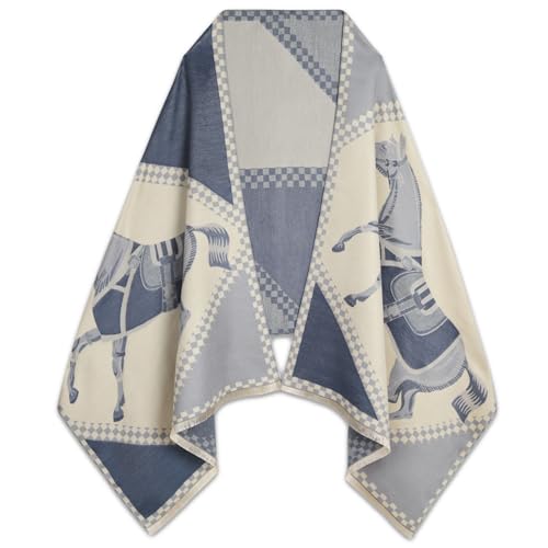 EXTREE Scarfs for Women Pashmina Silky Shawl Wrap for Evening Dressing Blanket Open Front Poncho Cape Agc-white-blue-horse