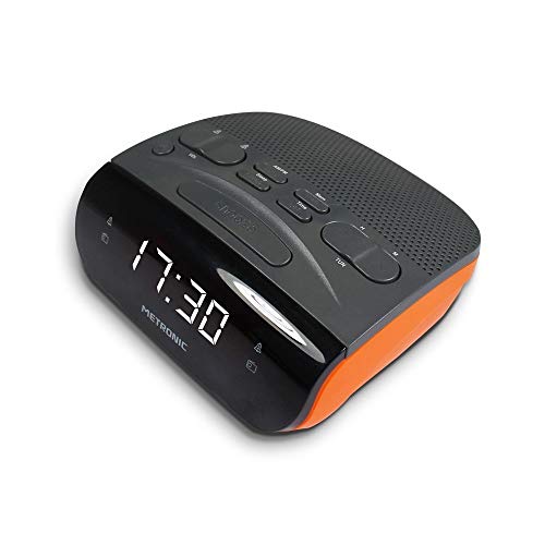 Metronic 477034   Radio Despertador Digital con Reloj LED Blanco para sobremesa con función Doble Alarma, Sleep/Snooze y sintonizador Radio Am/FM con Memoria para 20 emisoras