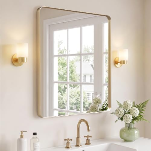 Image of Kosmonia 36x30 Inch Bathroom Vanity Mirror Brushed Champagne Gold