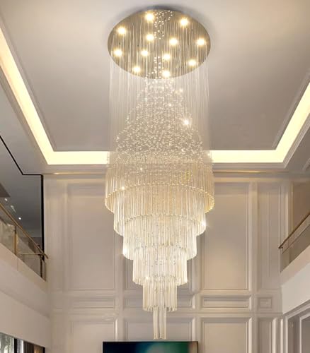 HAIXIANG W32 x H100 Glam Chandelier with LED Bulbs Crystal Raindrop High Ceiling Pendant Light for Entrance Large Villa Chandelier Foyer Lighting Fixtures Silver