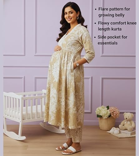 Image of DUMMY SHAPE Maternity Dresses for Women Cotton Blend | Floral Kurta Pant Dupatta Set with Nursing Zippers to Pre & Post Partum | Feeding Kurtis | Mom to Be Gifts for Pregnant Woman