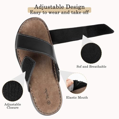 Image of Mens Adjustable Slides Cross Napa Leather Open Toe Sandals Soft Memory Foam Slip On Sandlas Classic Dress Slides Summer Beach Comfy Slippers Rubber Non Slip Sole Black EU42 /US9